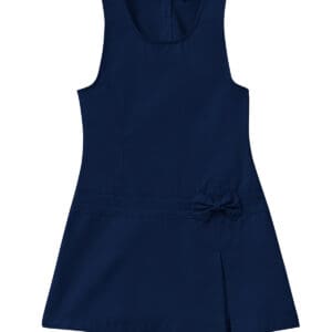 A navy blue dress with a bow on the side.