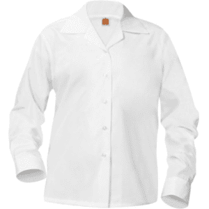 A white shirt with long sleeves and a button down collar.