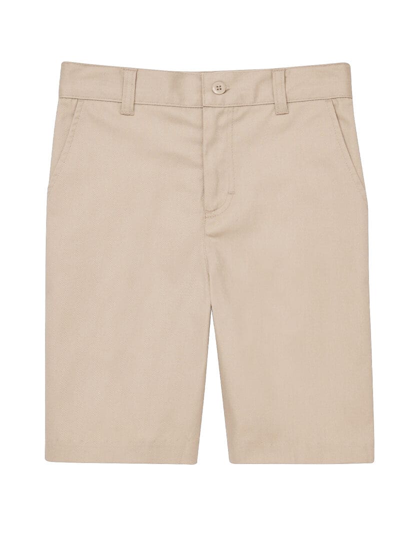 A pair of khaki shorts with a white stripe on the side.
