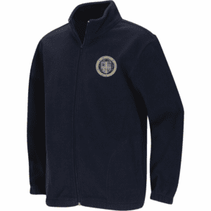 A black jacket with a crest on the front.